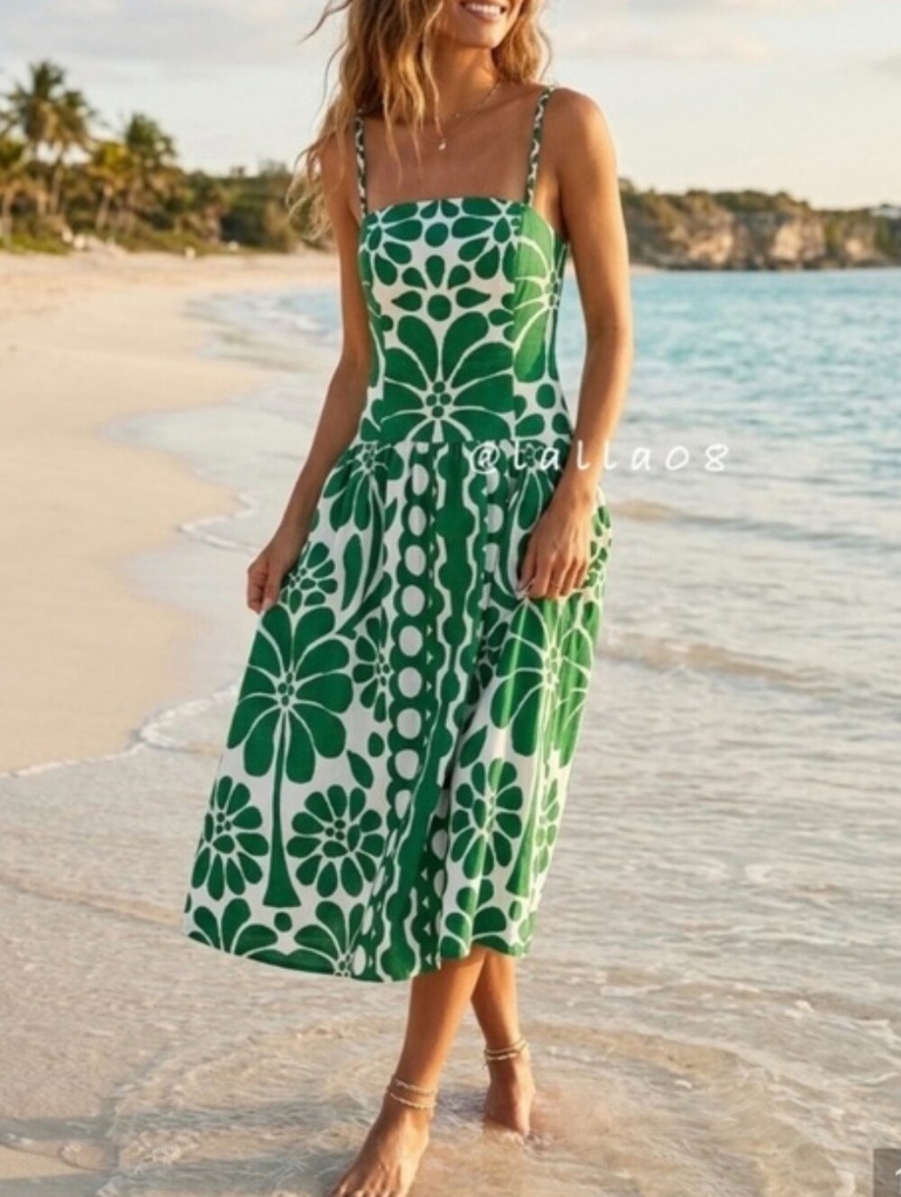 New Caroline Constas Floral Print Linen Blend Green/White Dress NWT